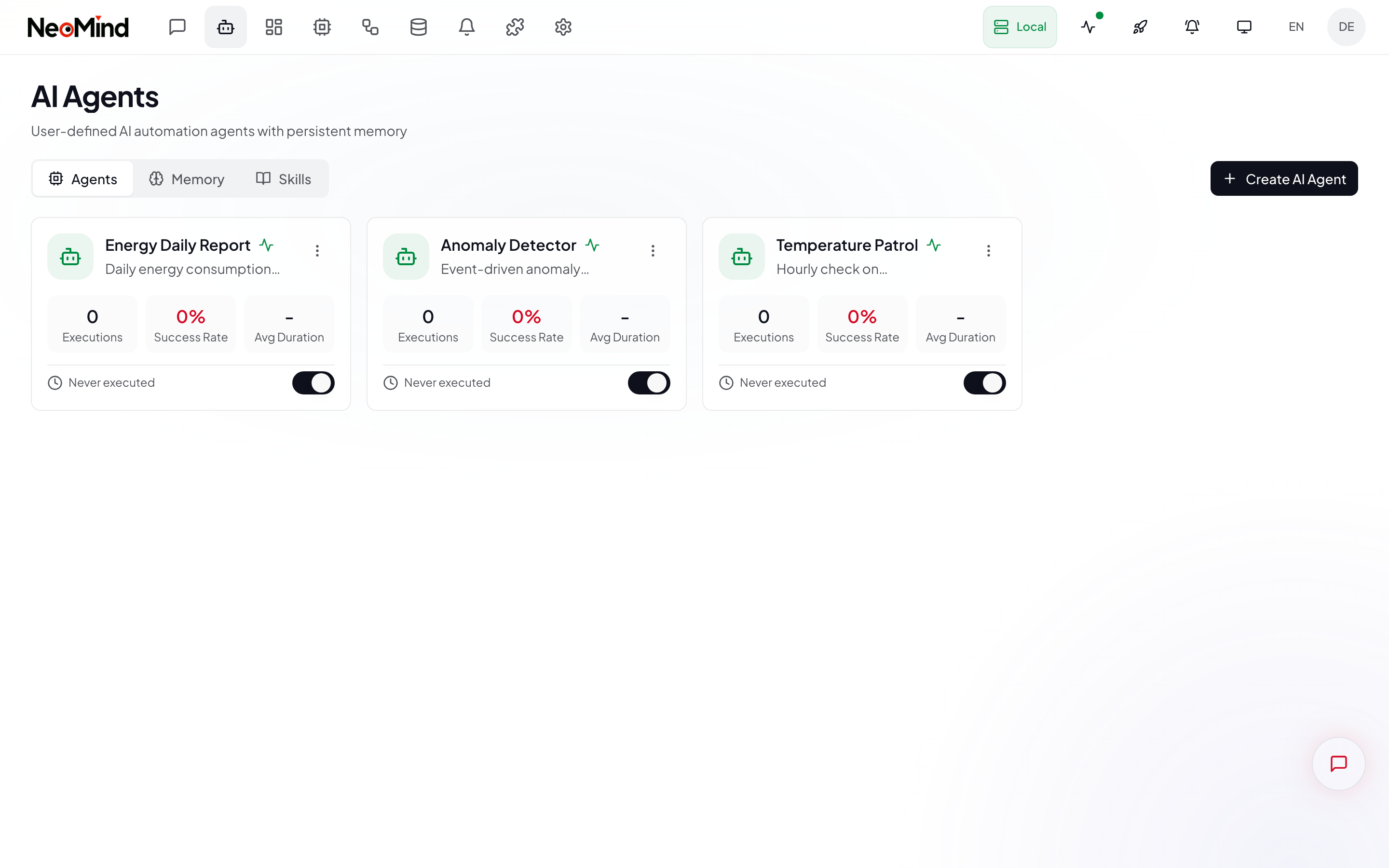 Agent detail panel — overview, execution history, memory system, user messages