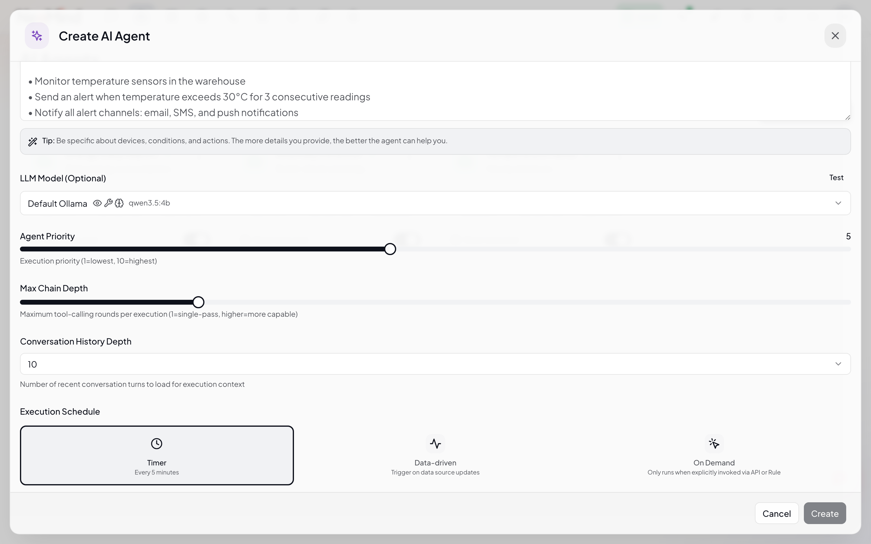 Agent editor — schedule configuration area with cron, interval, event options