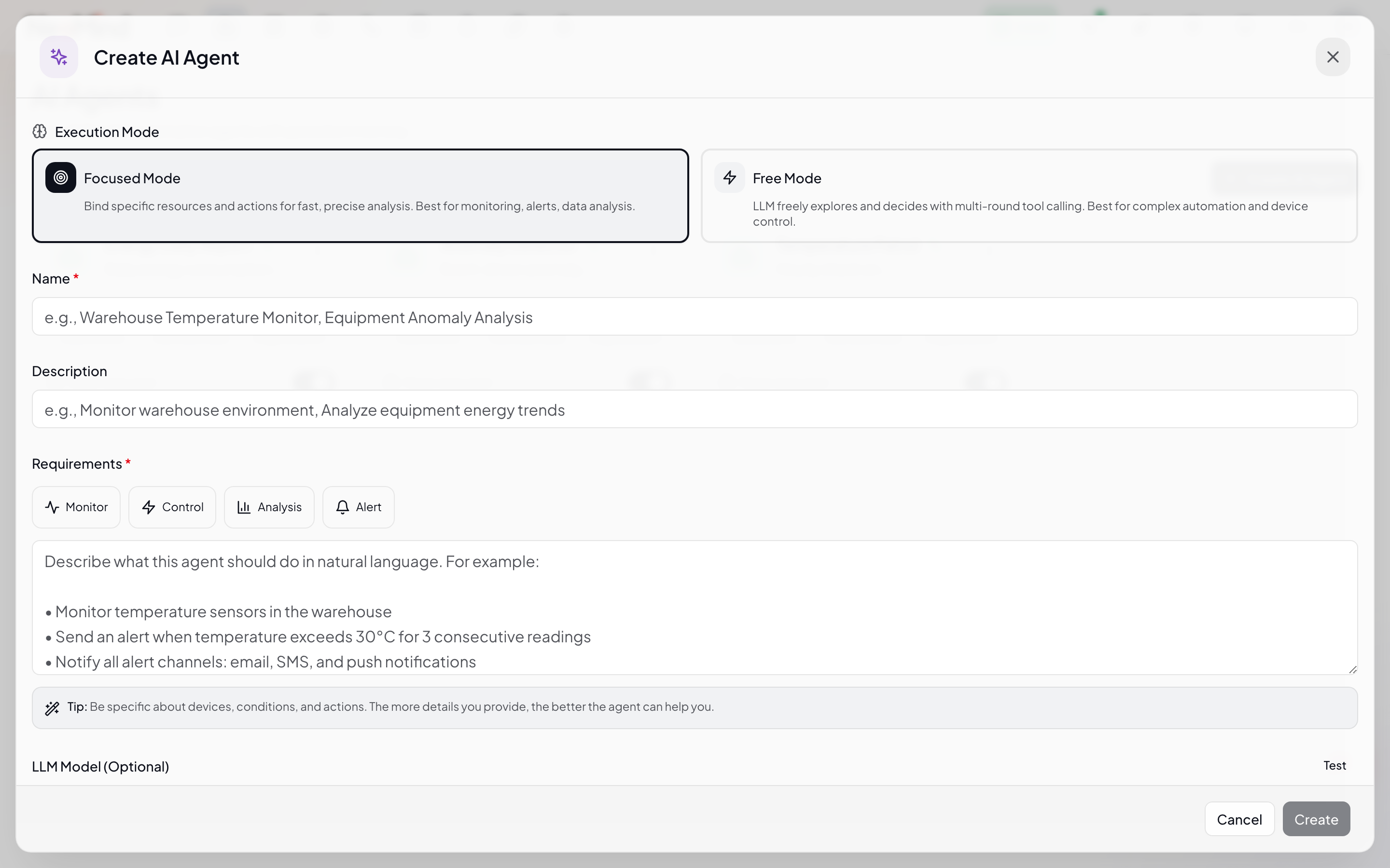AI Agent editor — left side has basic info and prompt, right side has execution mode and schedule config