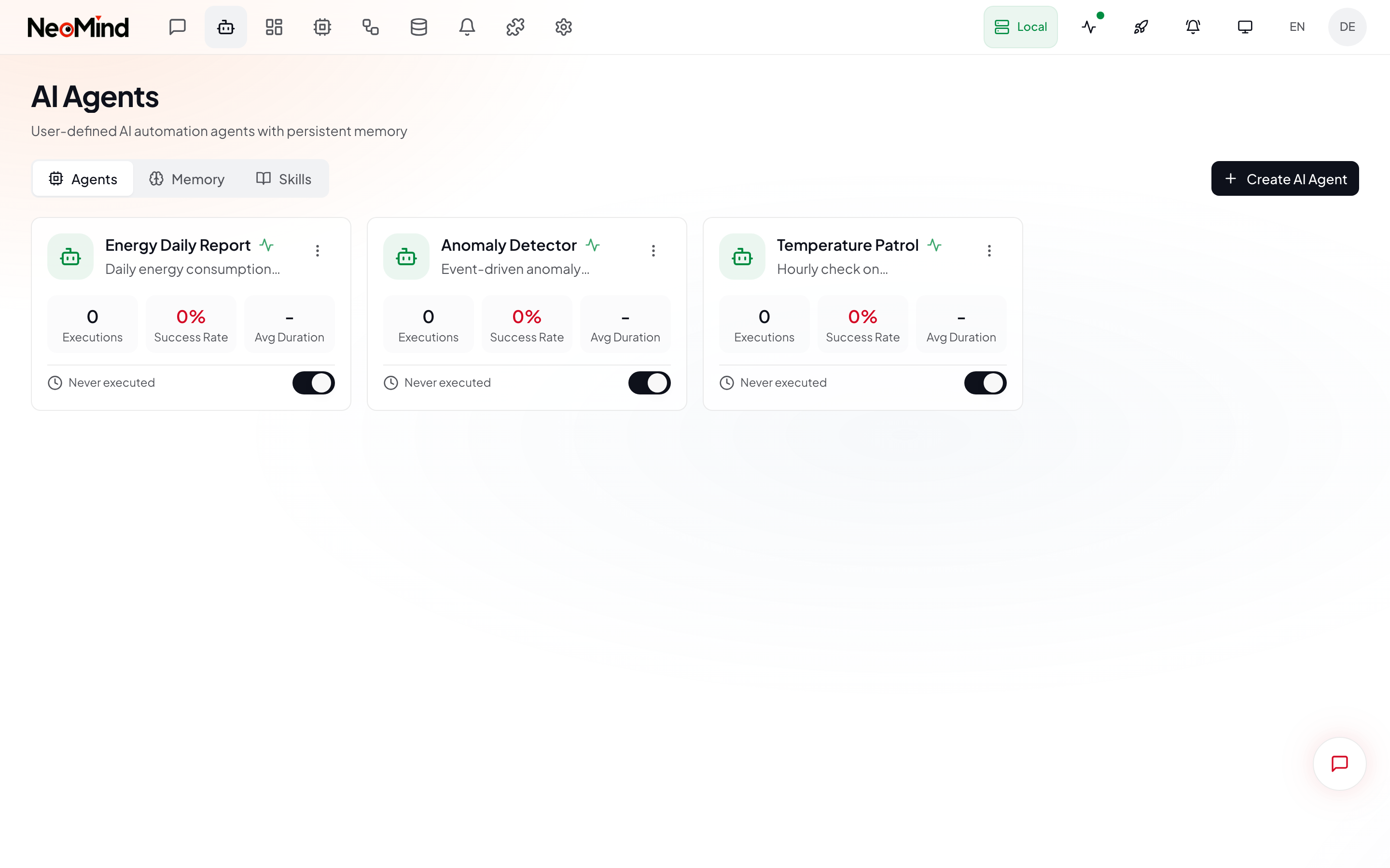 AI Agent list — card grid showing all agents with status, schedule type, last execution time