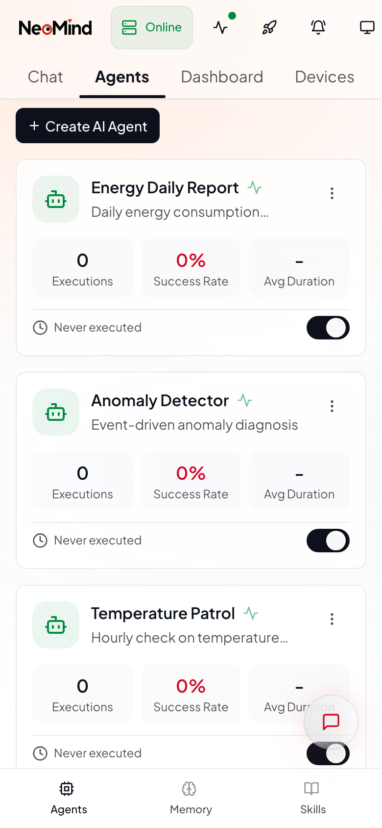 Agent management on mobile — card list adapts to single column
