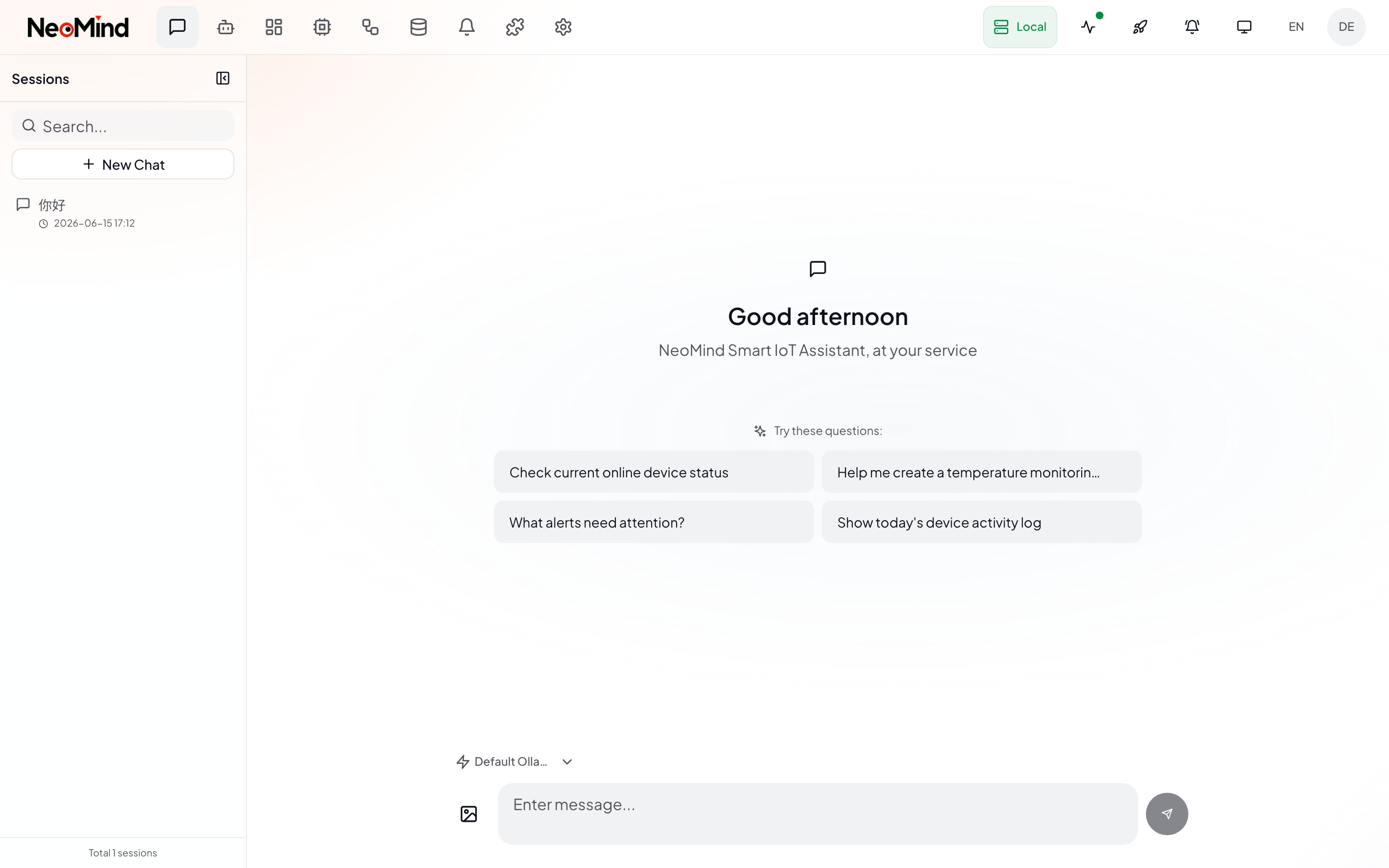 AI Chat main interface — session list, welcome page, suggested questions, input box