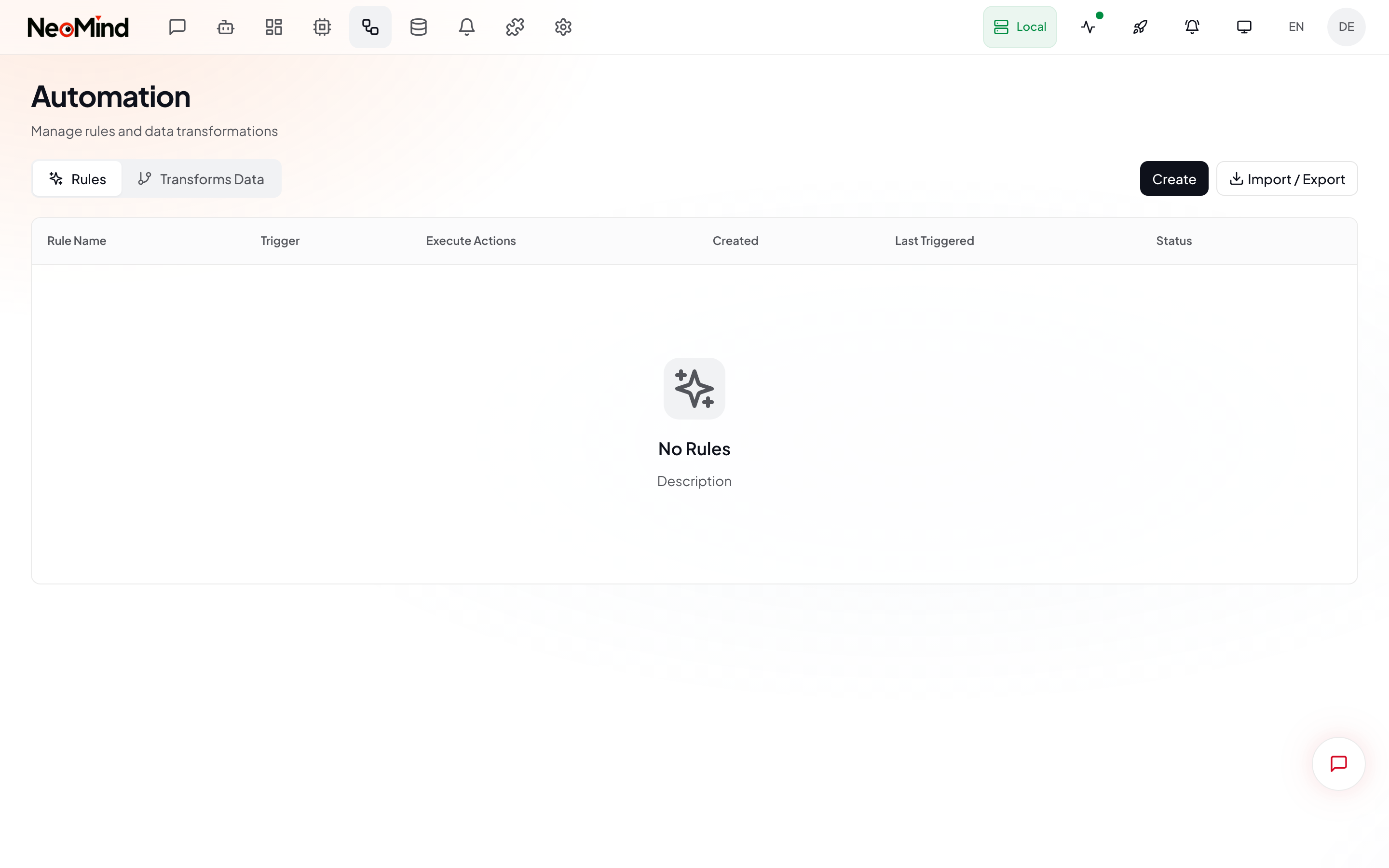 Automation rules page — rule list, enabled status, Import/Export