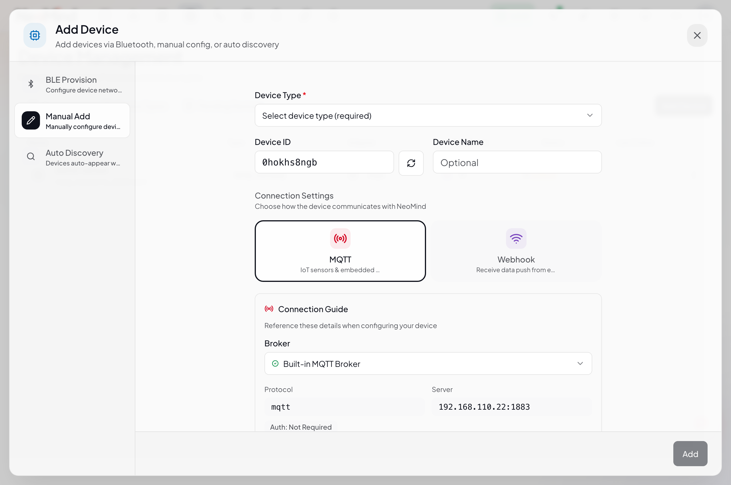 Manual Add 对话框 — MQTT 模式：设备类型、ID、名称、连接设置
