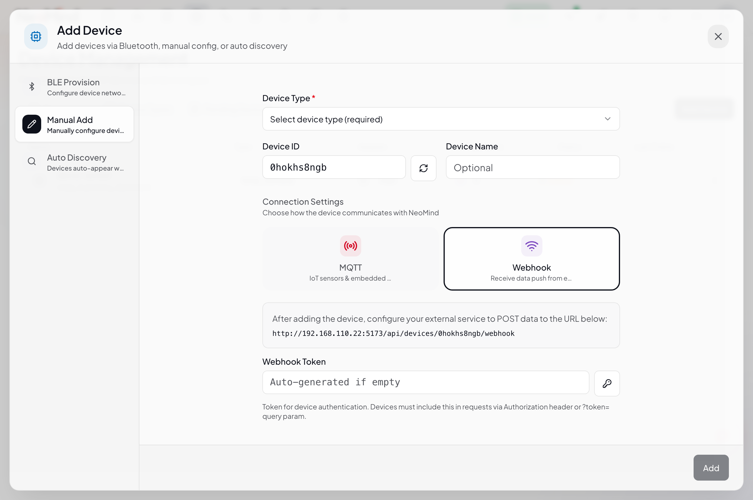 Manual Add 对话框 — Webhook 模式：Webhook URL 和 Token
