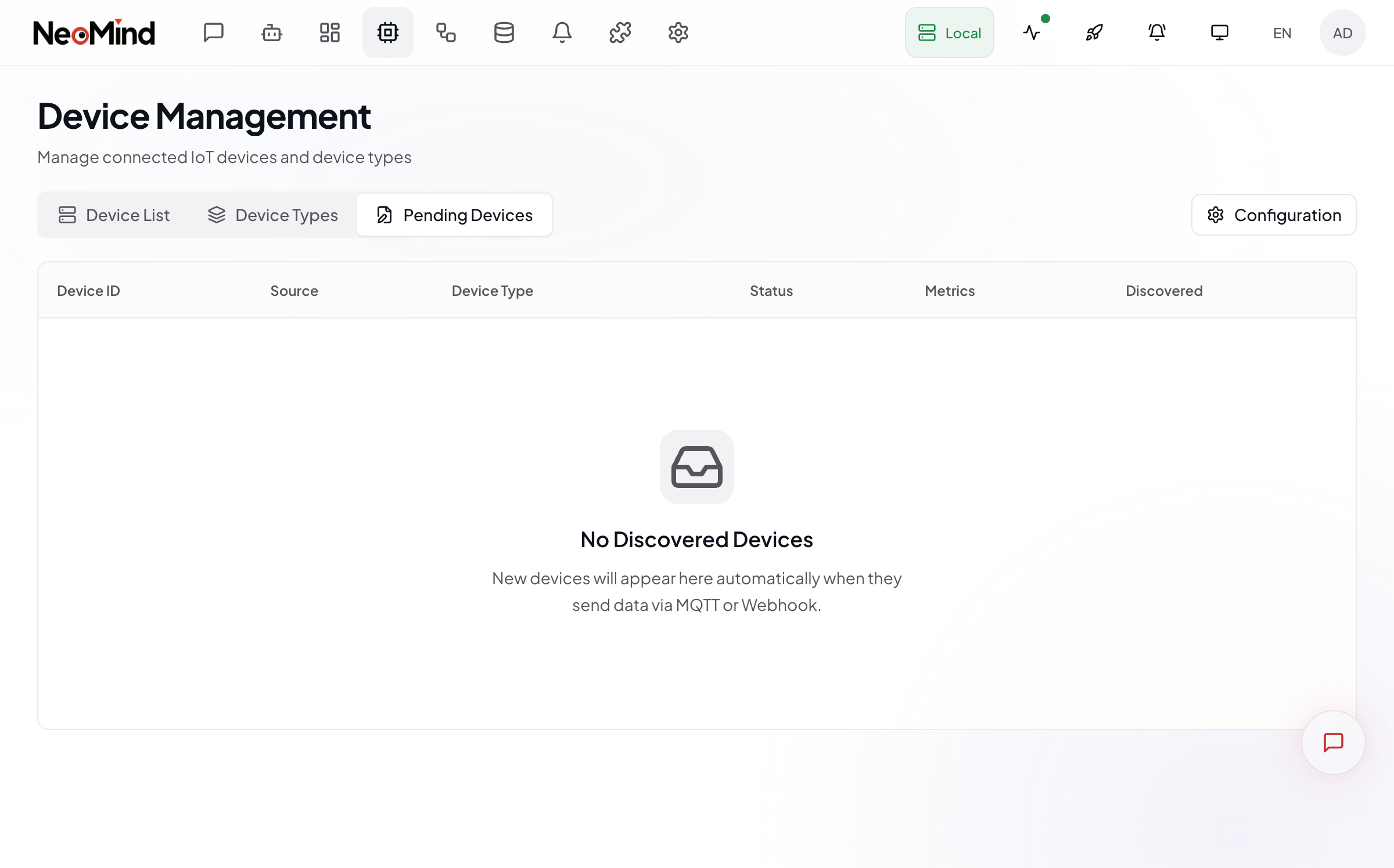 Pending Devices 标签页 — 新发现的草稿设备