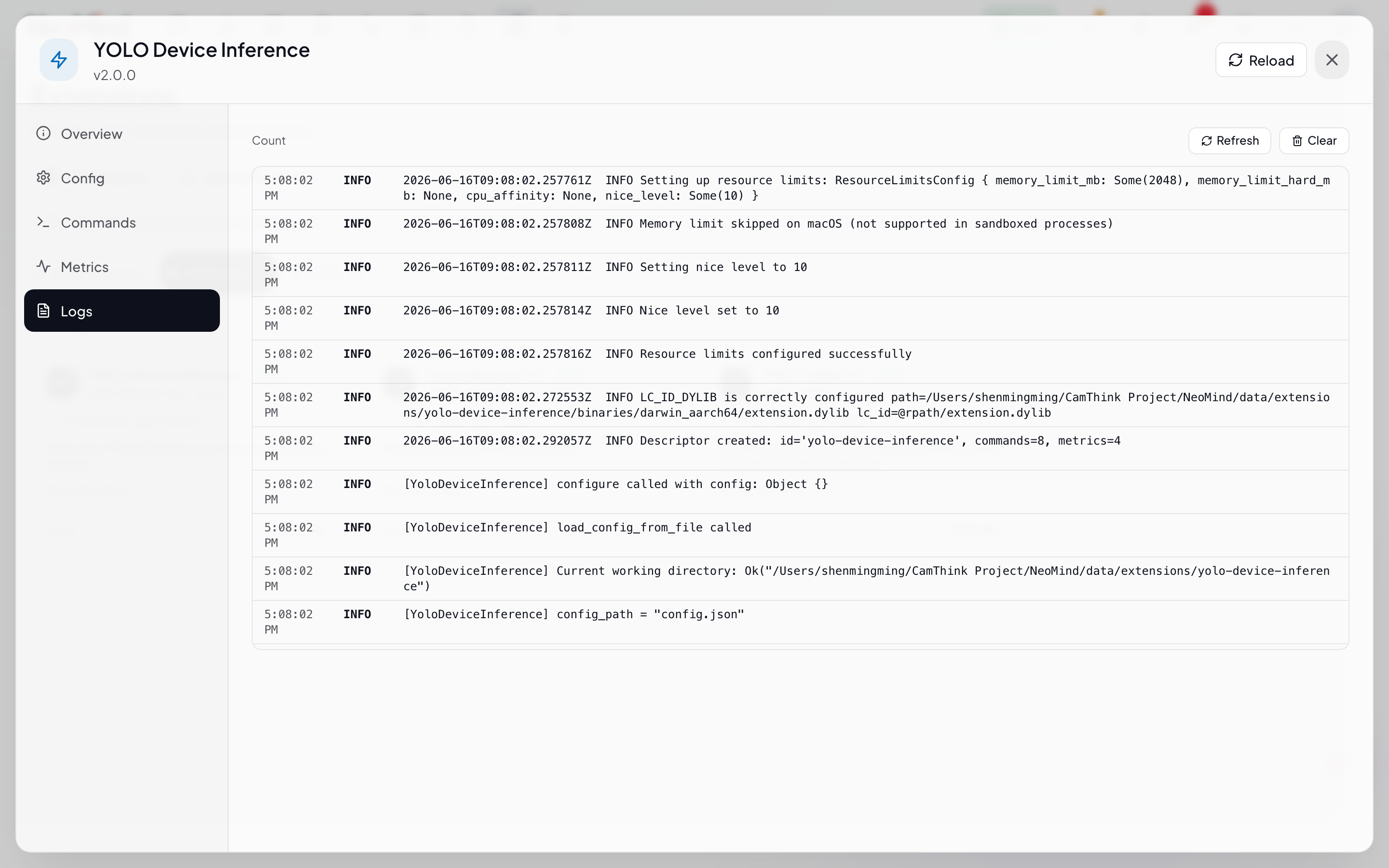 Extension details - Logs section