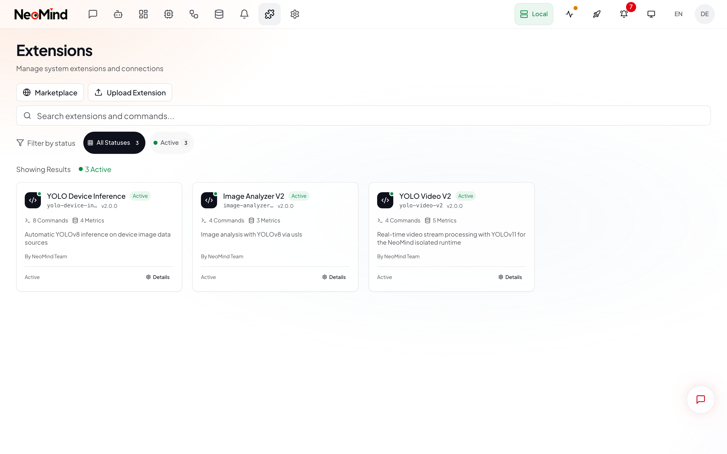 Extension management list page