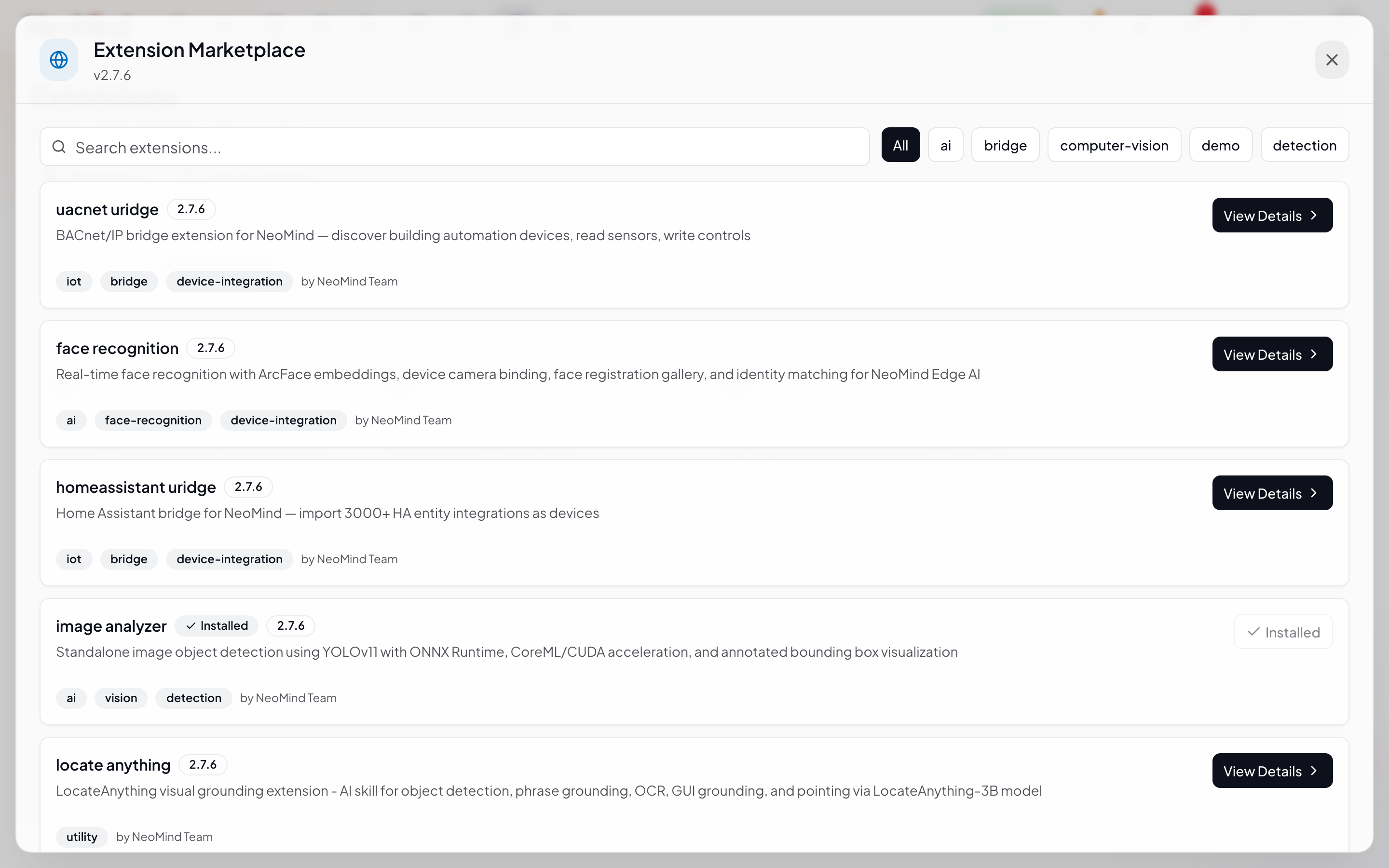 Extension marketplace dialog