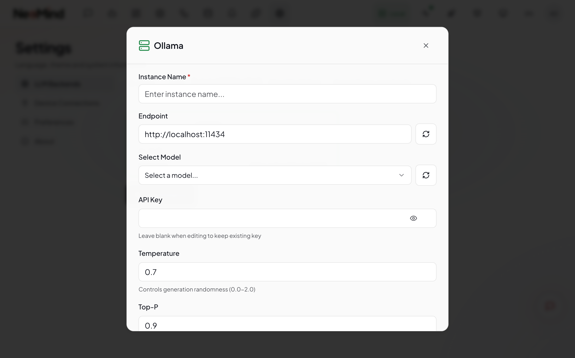 LLM backend configuration form