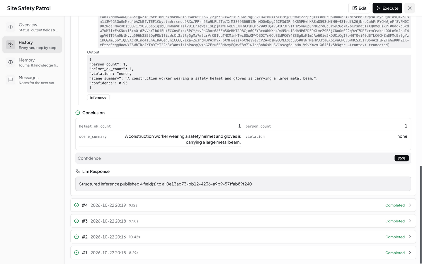 Run #5 detail: input frame, structured JSON output person_count=1 / violation=none, confidence 95%, 4 fields published as ai: virtual metrics