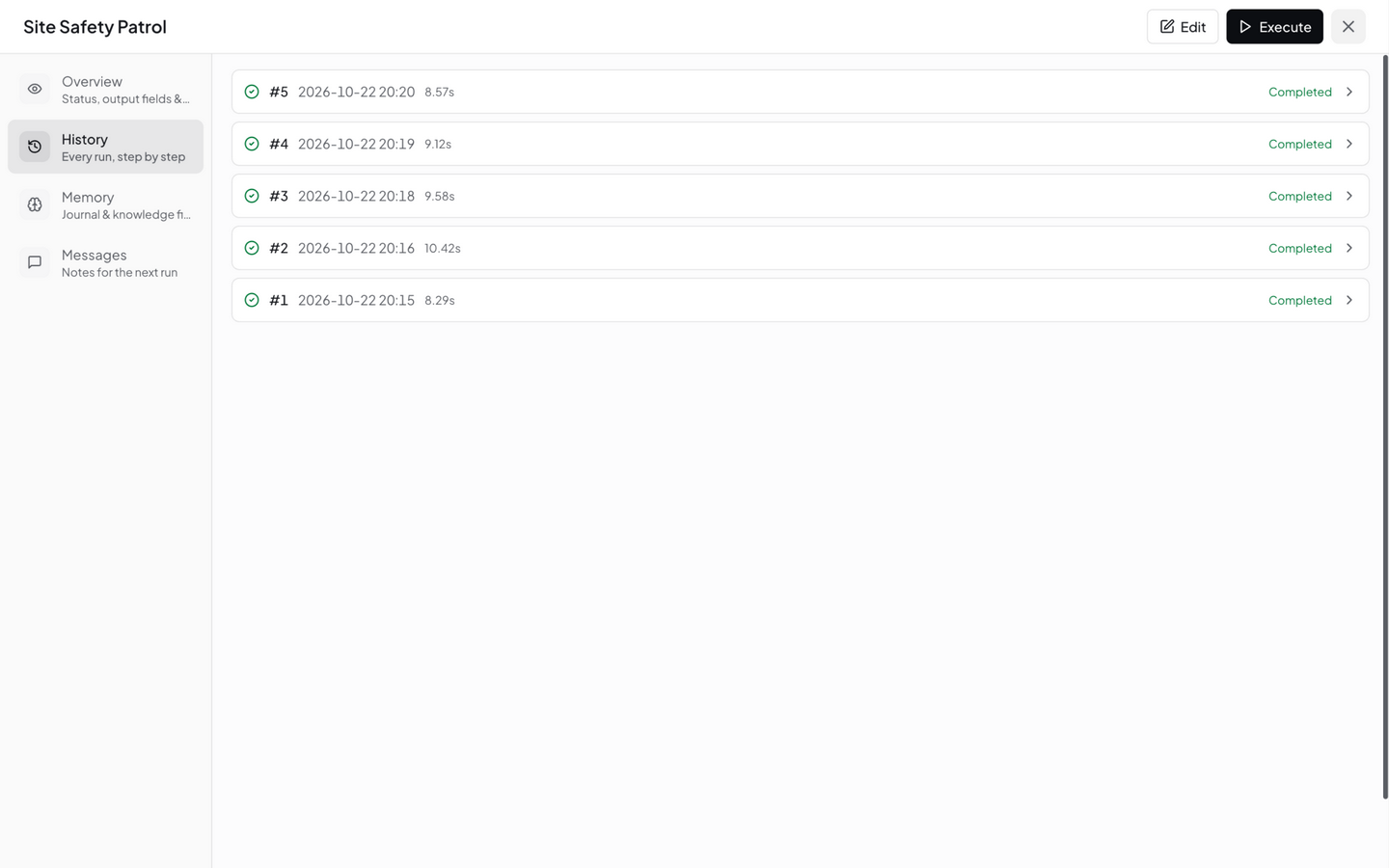 Execution history: runs #1–#5 all Completed in 8.3–10.4 s