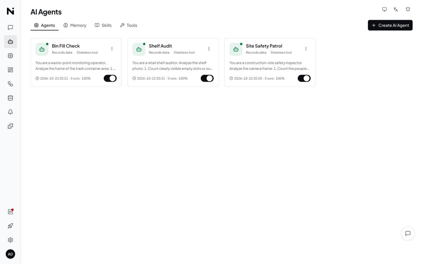 Agents page: three structured Agent cards, each showing a 100% success rate