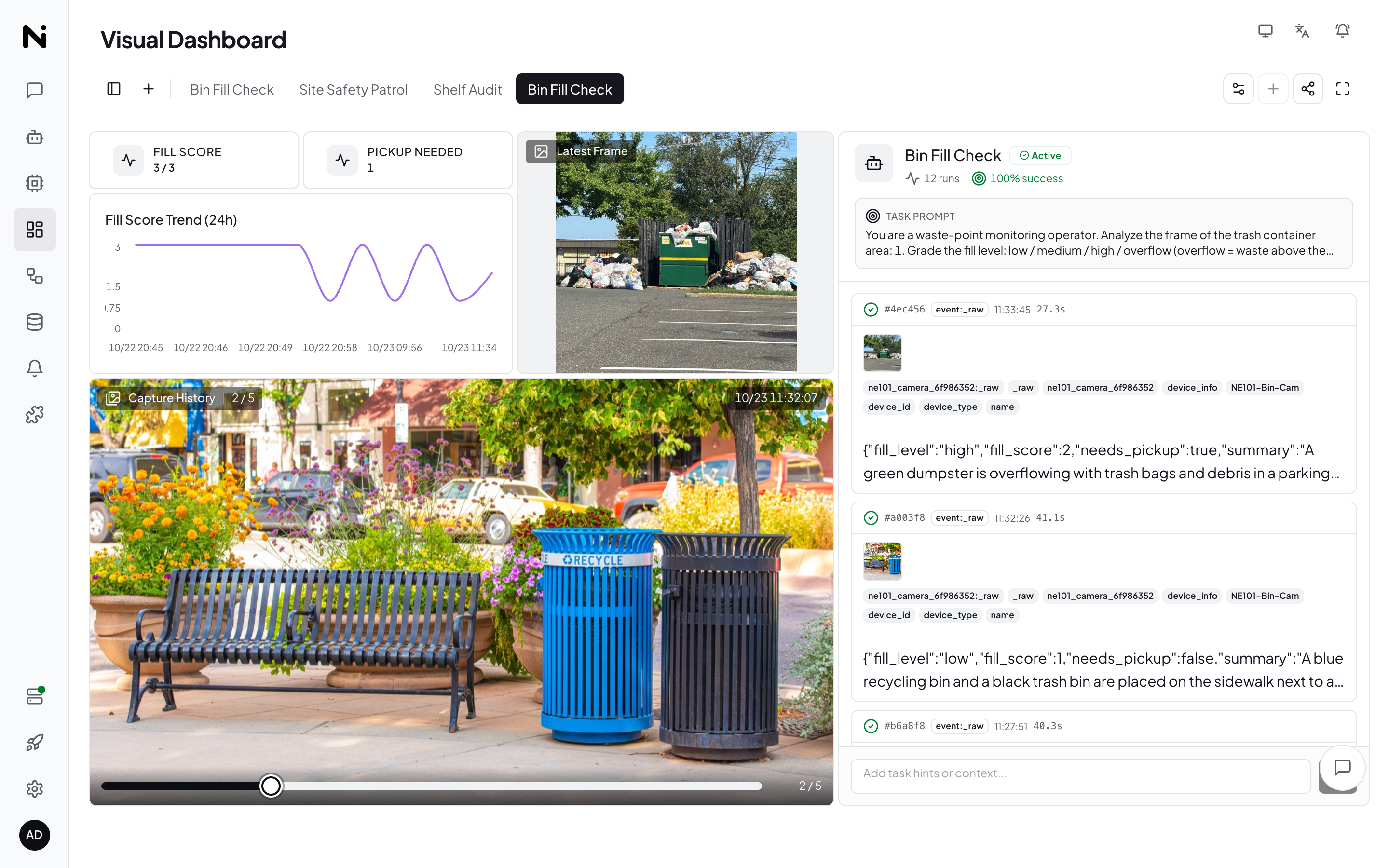 Bin Fill Check dashboard: fill-score card, overflow trend, live agent execution monitor and bin captures