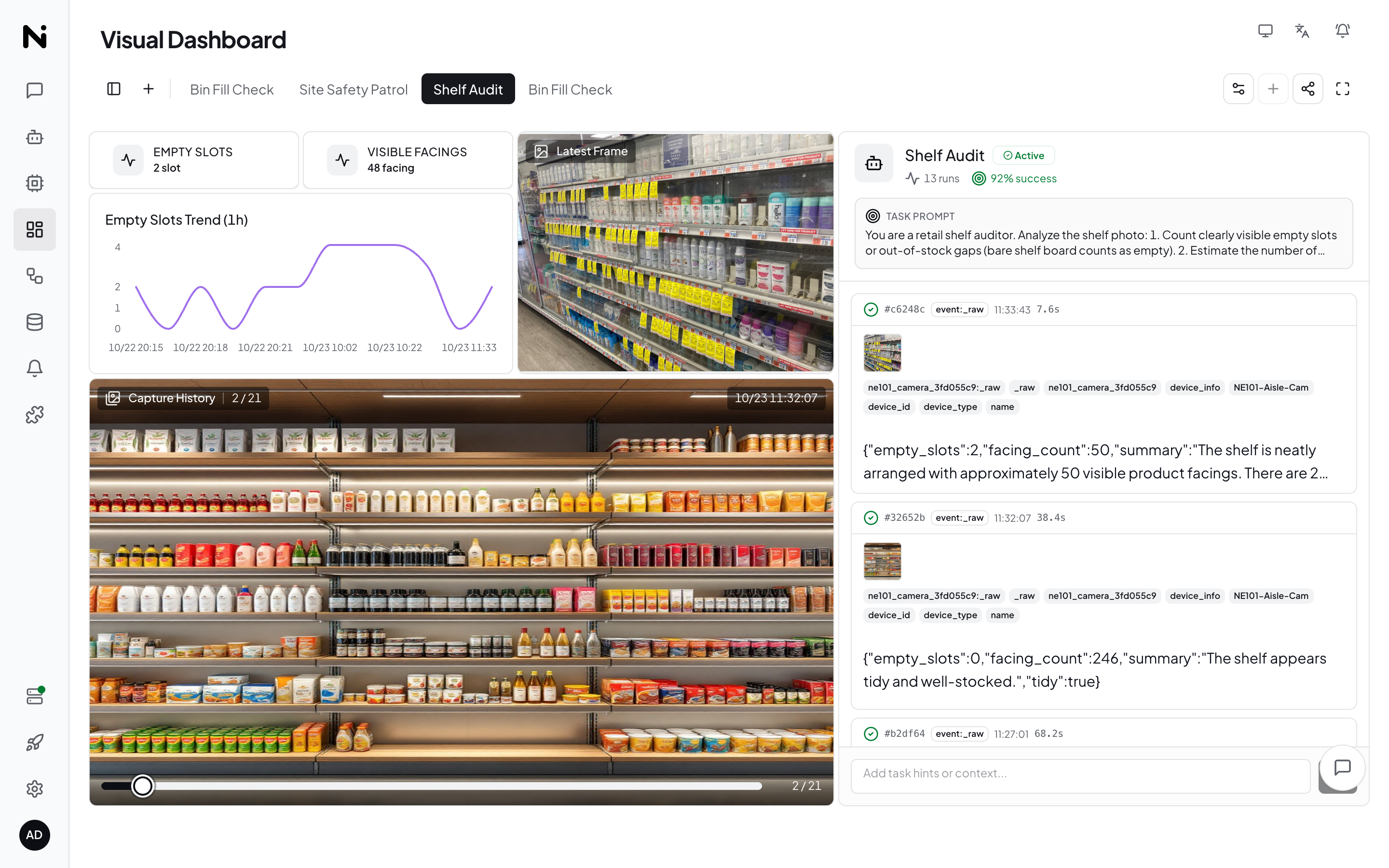 Shelf Audit dashboard: empty-slot/facing cards, stockout trend, live agent execution monitor and shelf captures