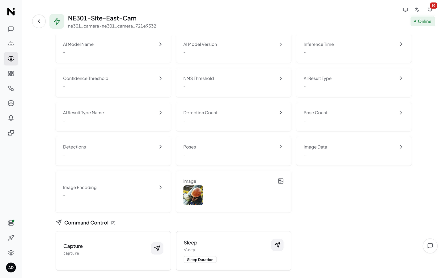 NE301 device detail: image metric thumbnail and Command Control (Capture / Sleep)