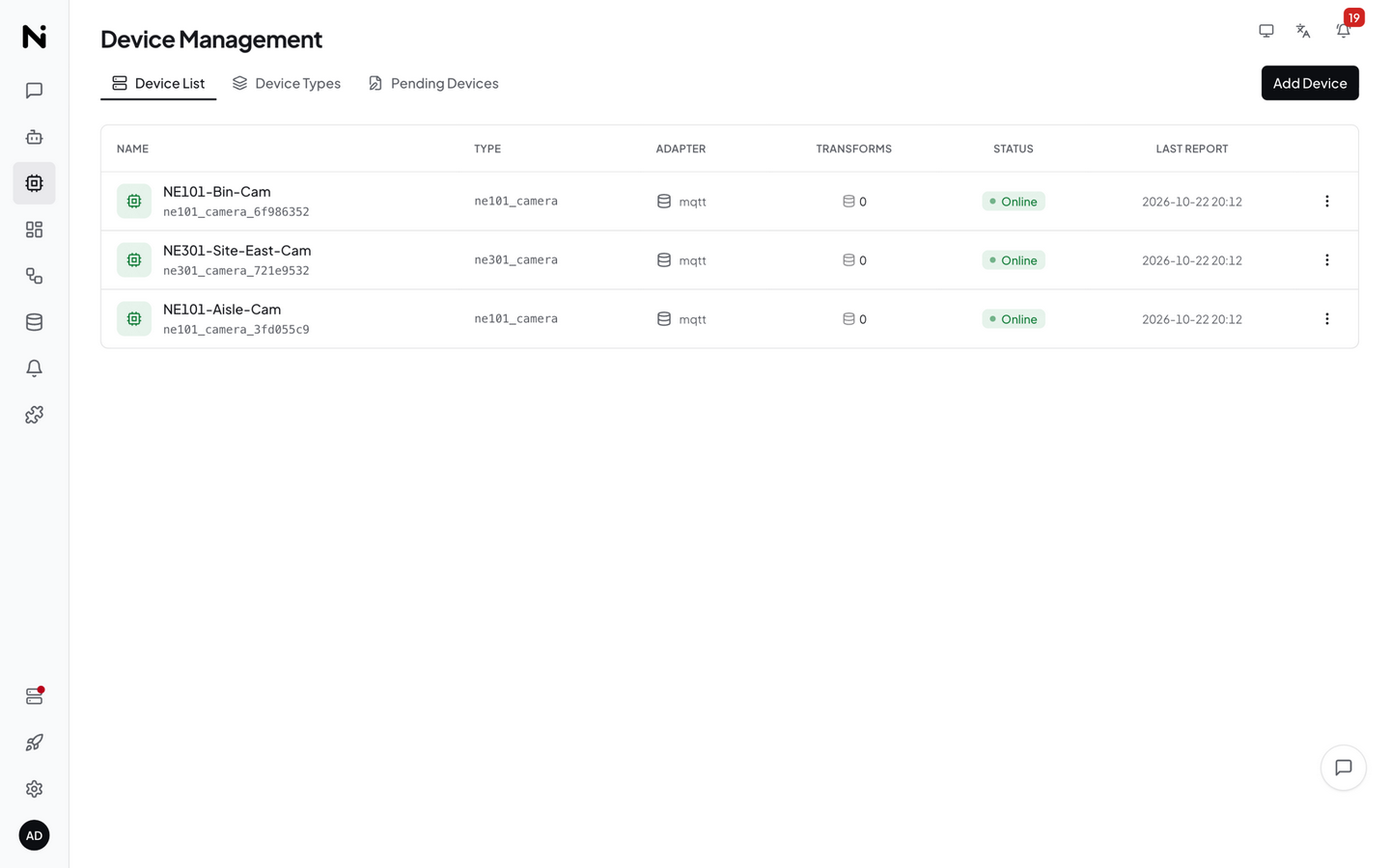 Device Management: NE301-Site-East-Cam, NE101-Aisle-Cam and NE101-Bin-Cam all Online