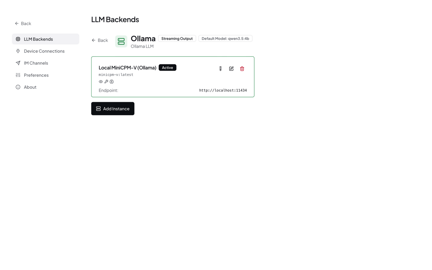 LLM Backends page: Local MiniCPM-V (Ollama) instance with multimodal auto-detected, endpoint pointing at local Ollama
