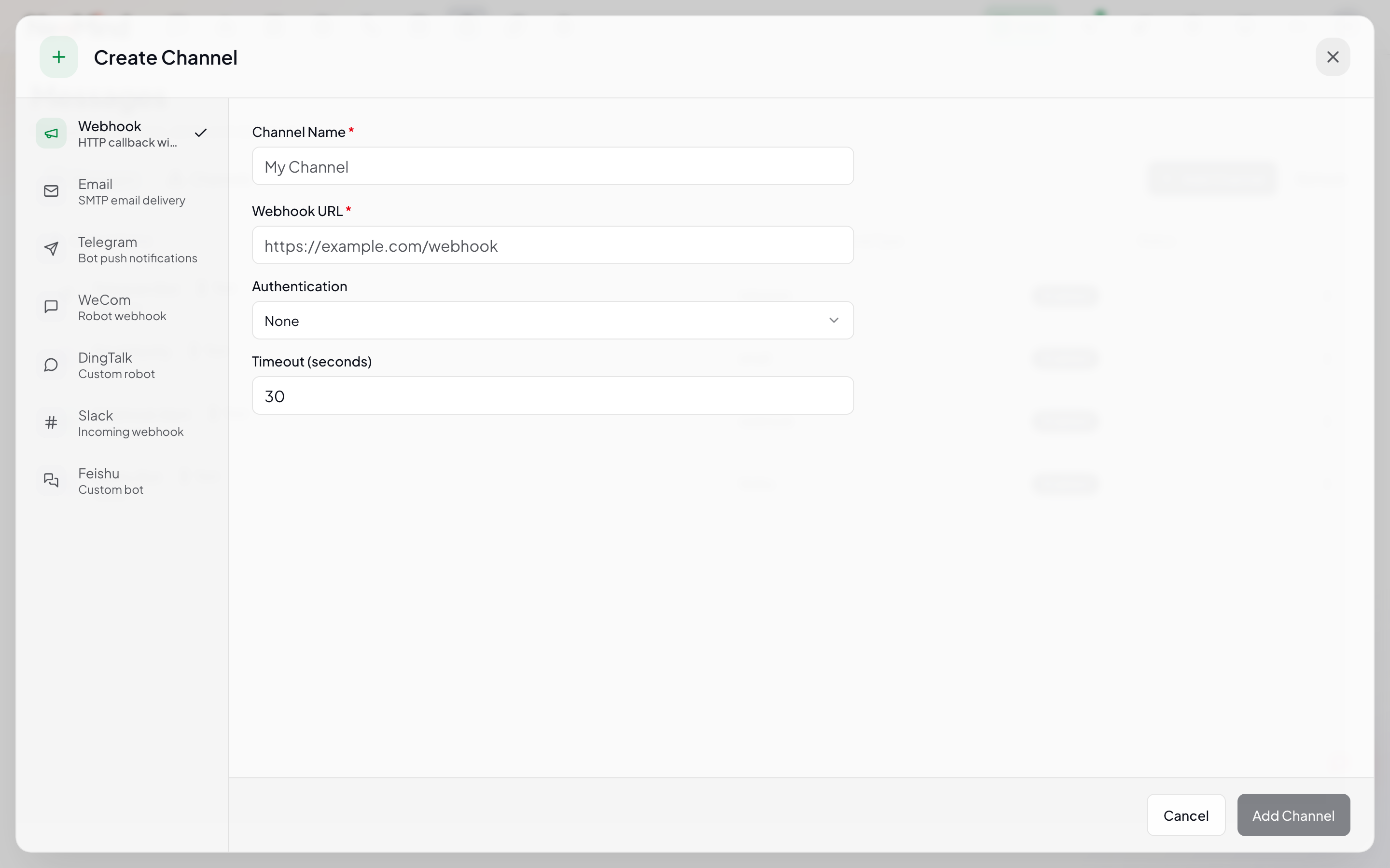 Webhook 渠道配置 — URL、方法、鉴权类型、超时