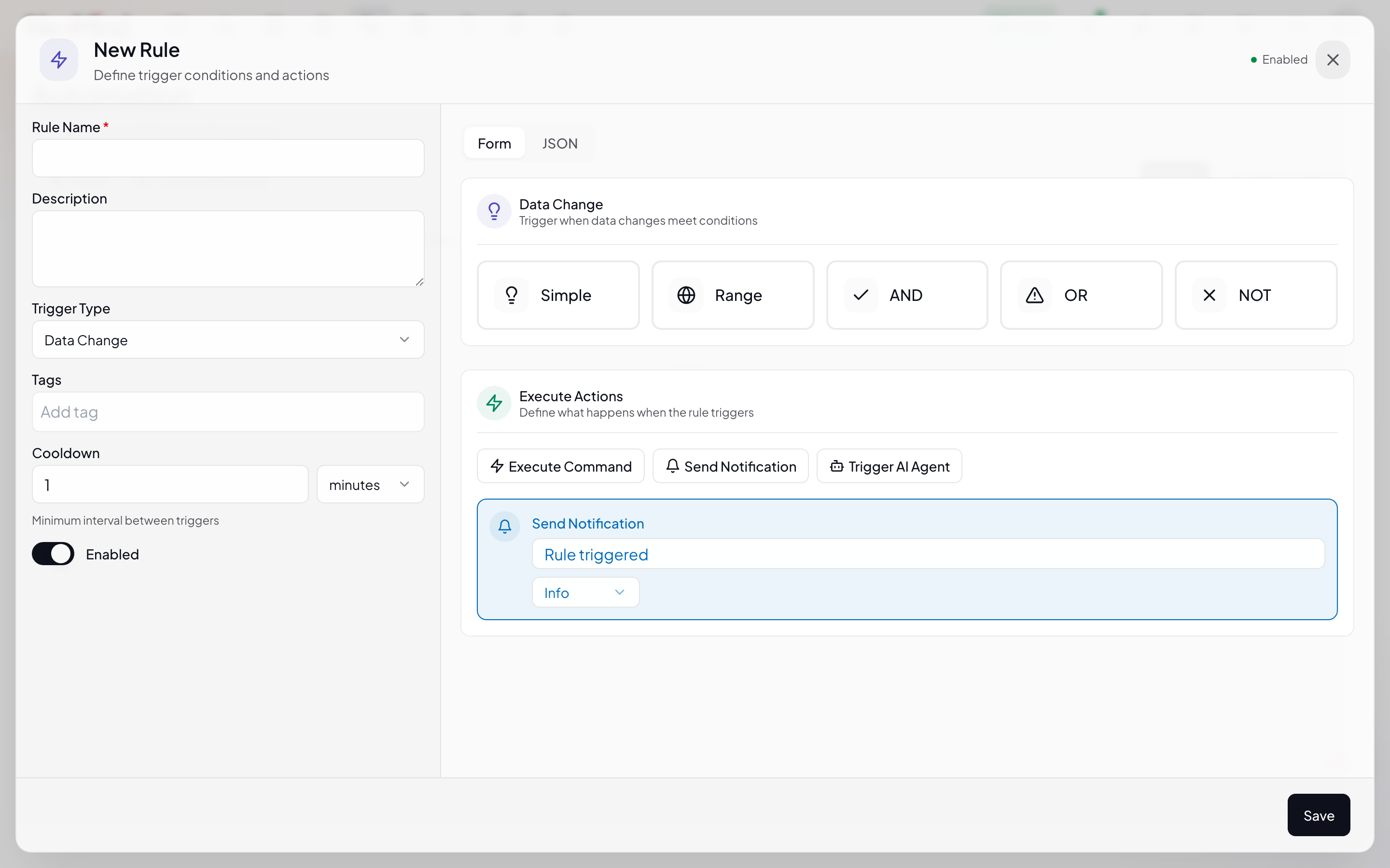 Rule builder — basic info area: name, description, trigger selector