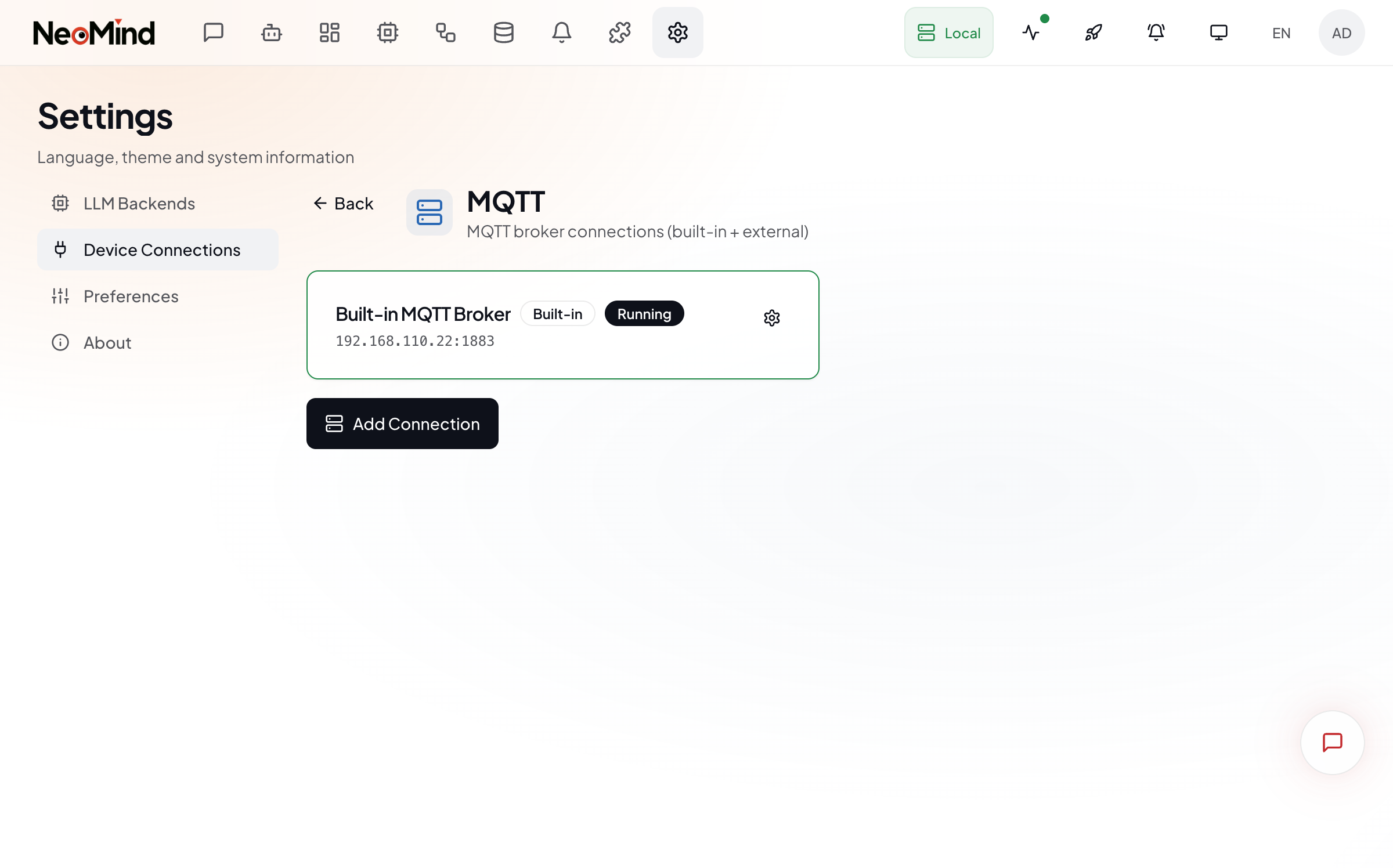 Settings → Device Connections：MQTT Broker 运行状态、IP 与端口