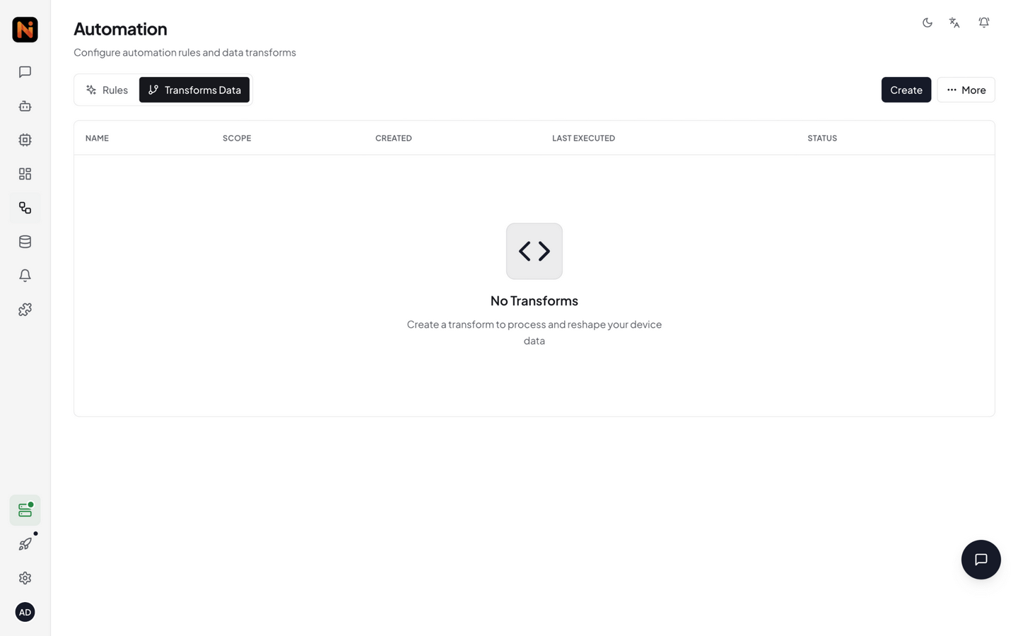 Data transforms page — transform list, scope, code summary, enabled status
