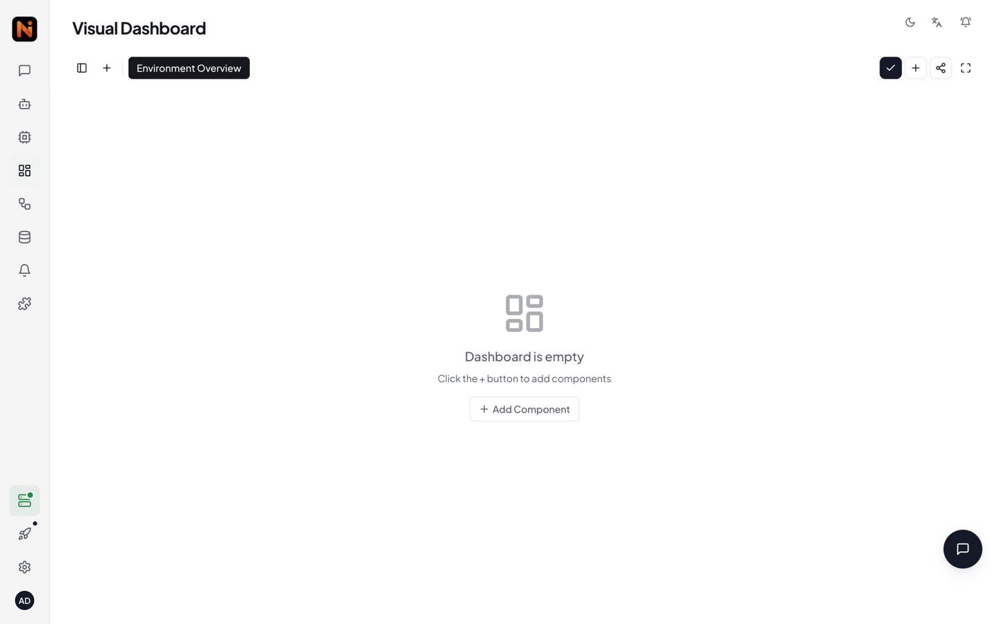 Dashboard edit mode — empty state with Add Component button