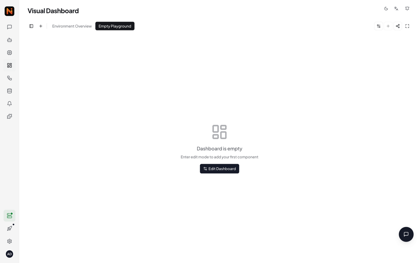 Dashboard view mode — empty state prompting to enter edit mode