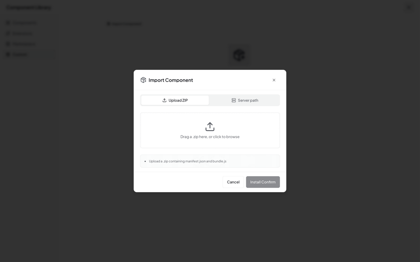 Import component dialog — upload ZIP widget package
