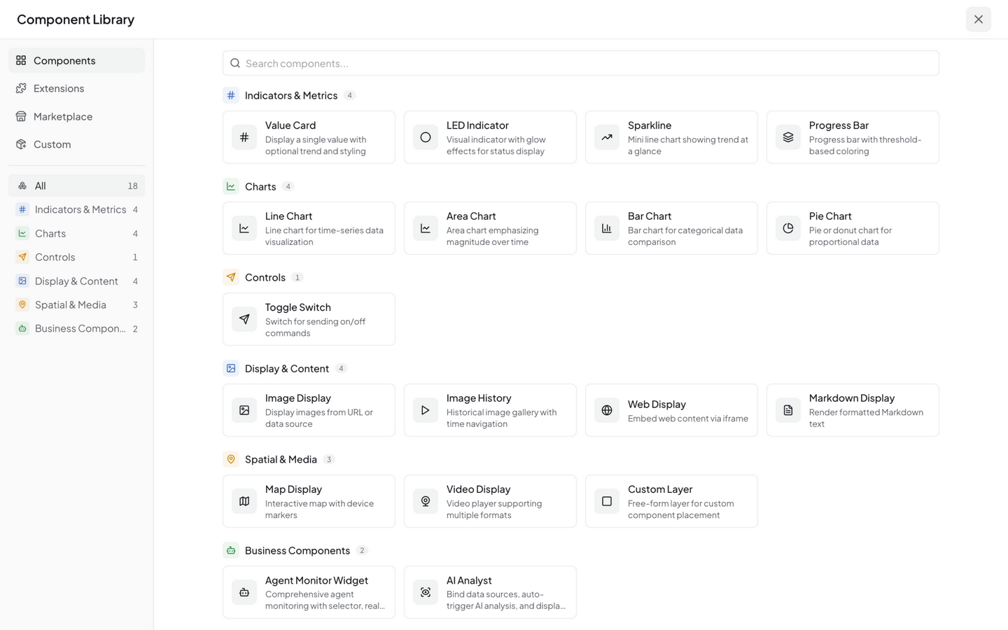 Component library — built-in widgets organized by category