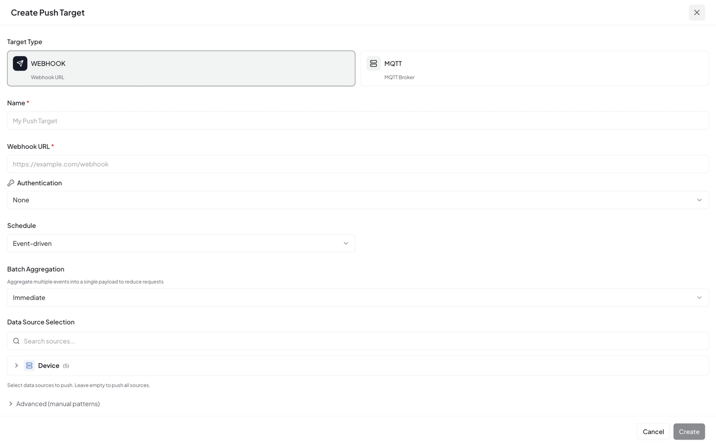 Push target create dialog — name, type, target URL, schedule