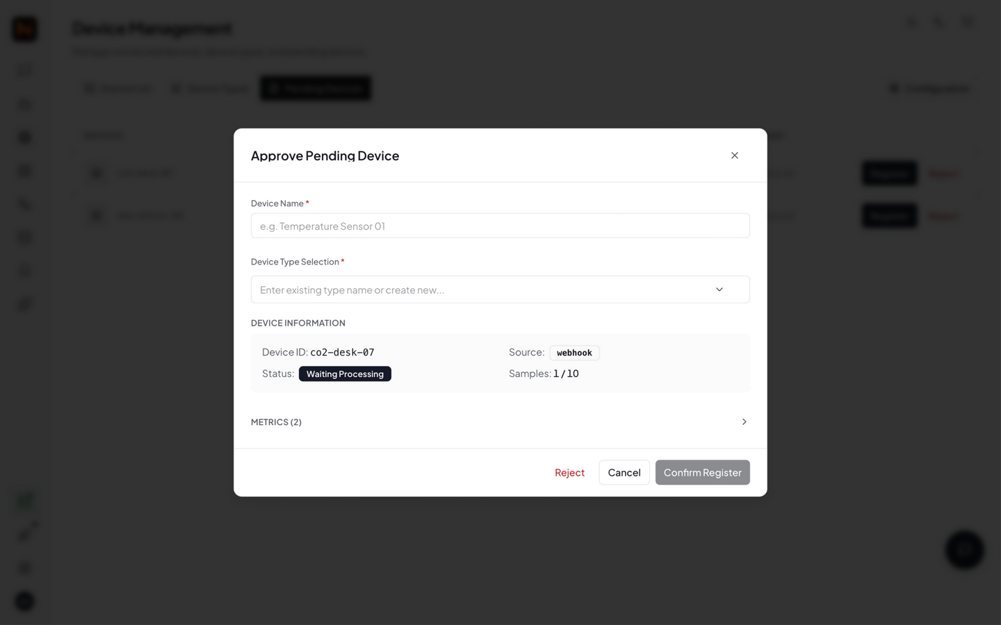 Approval dialog — device info, detected metrics, original data, registration form