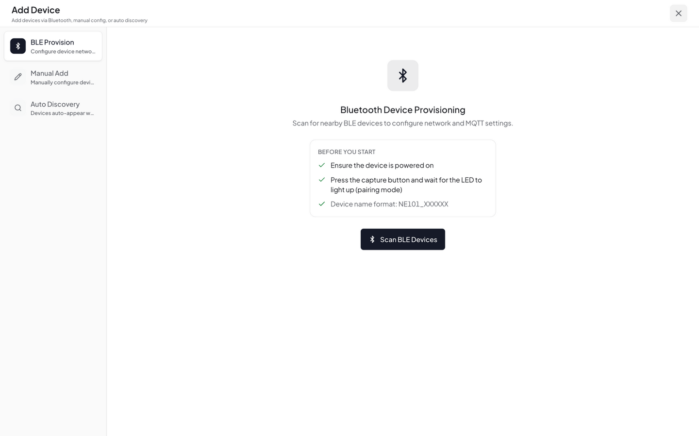 Manual Add dialog — MQTT mode: device type, ID, name, connection settings