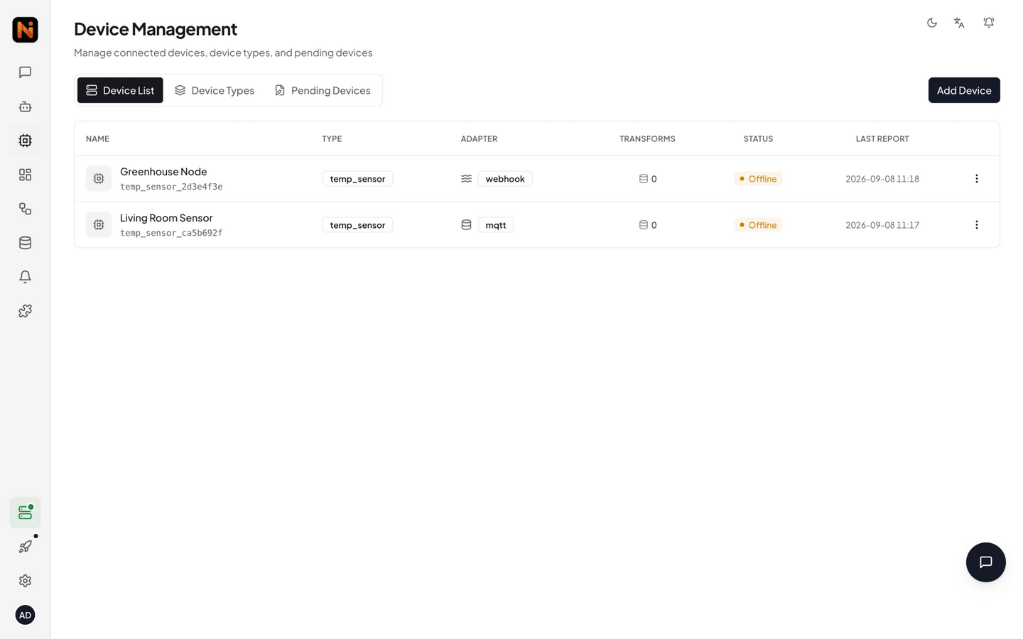 Manual Add dialog — Webhook mode: Webhook URL and Token