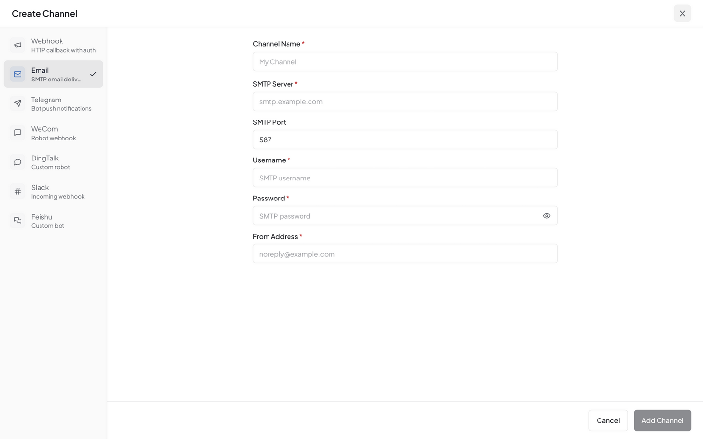 Email channel config — SMTP server, port, from address, auth