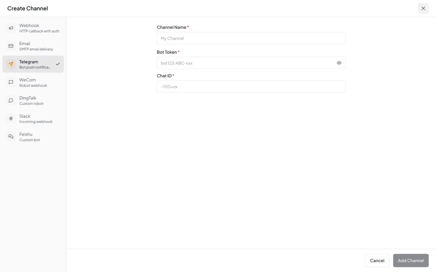 Telegram channel config — Bot Token, Chat ID