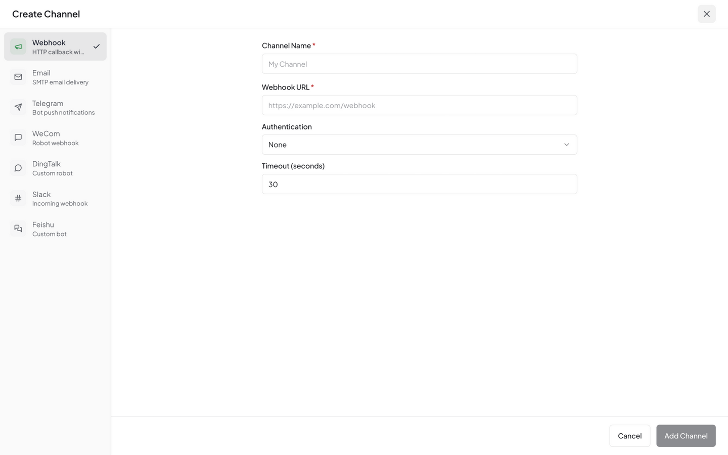 Channel editor — left sidebar type picker, right config form (Webhook selected by default)
