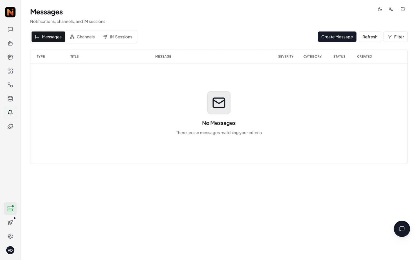 Messages list — severity, status, category, source, actions