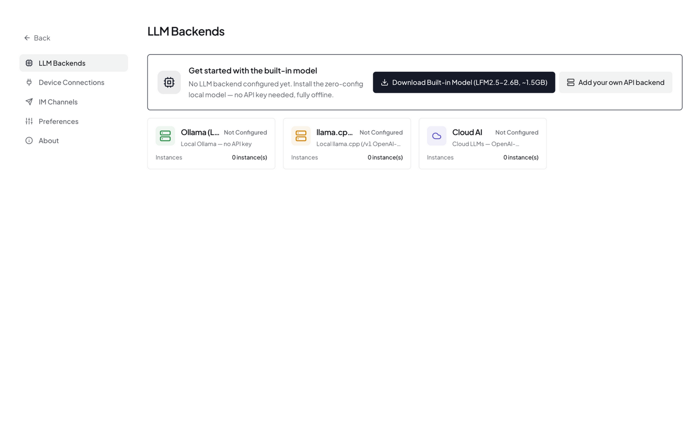 LLM 后端列表 — 点击 Add Backend 添加