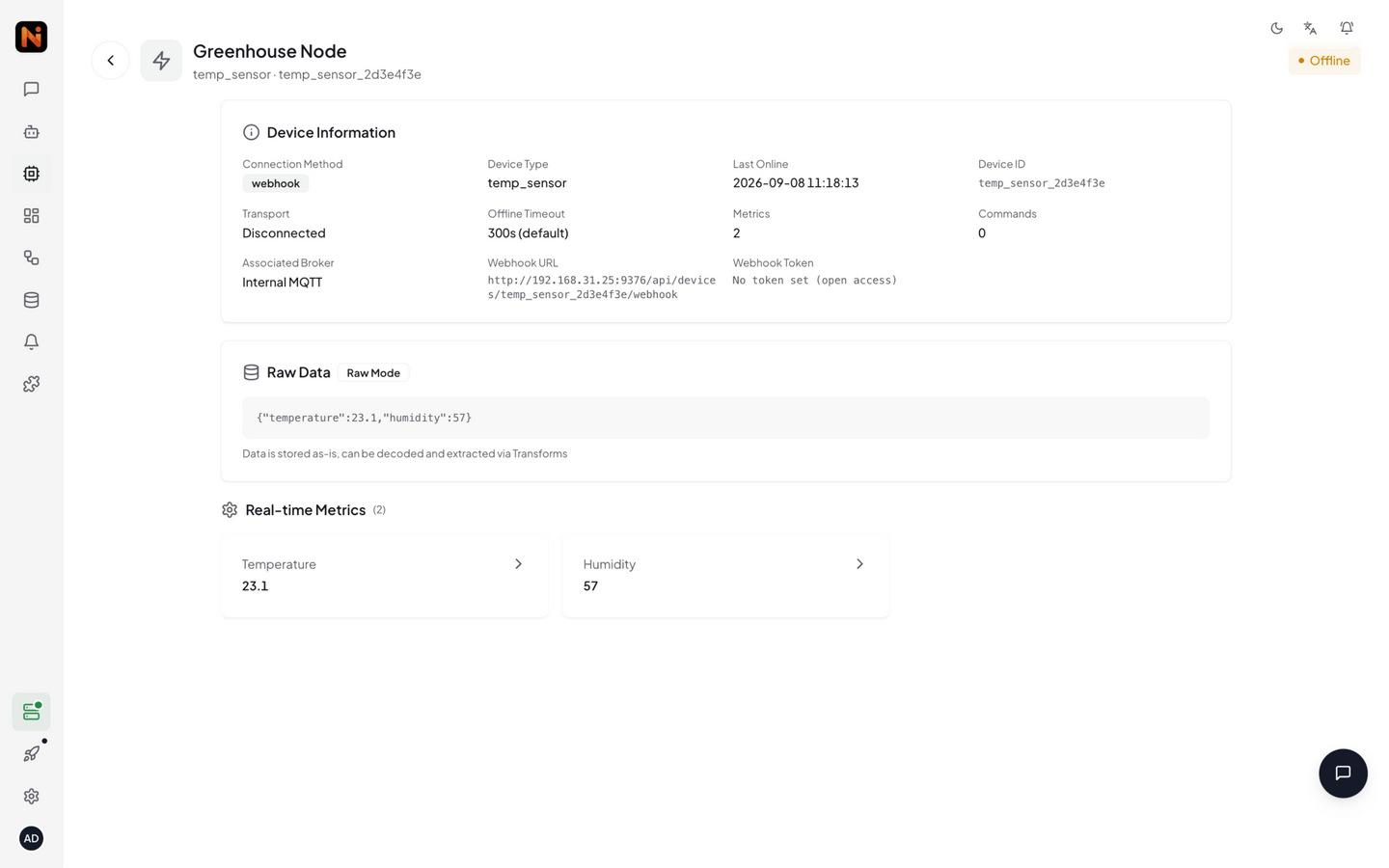 Device detail page showing telemetry