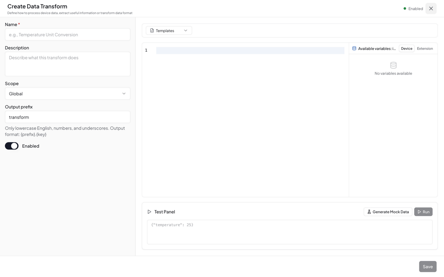 Transform builder — JavaScript code editor with variables panel