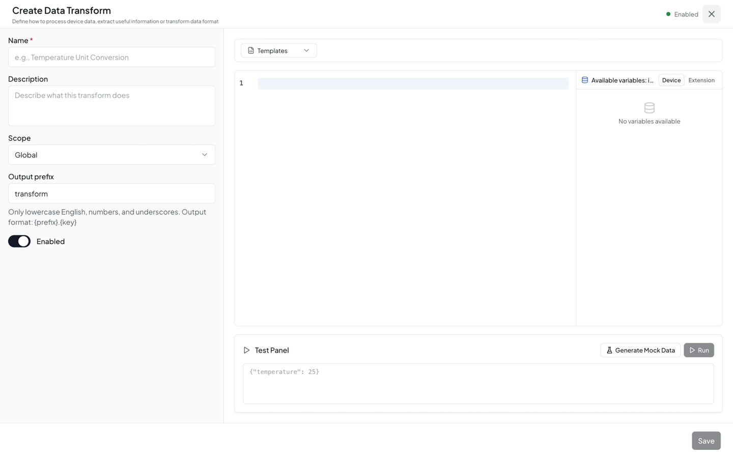 Transform builder — left config rail (name, scope, output prefix), right code workspace