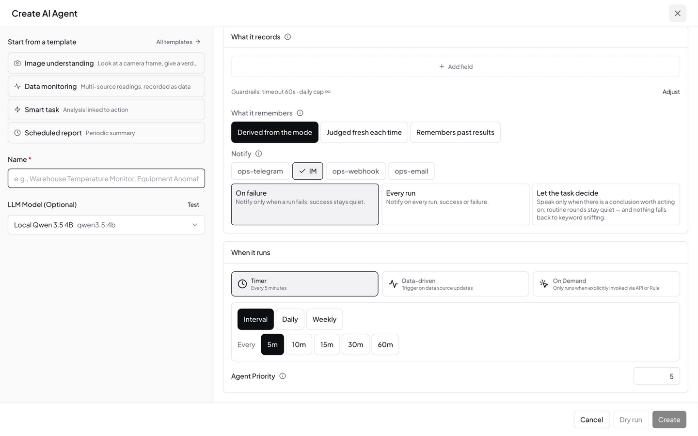 Agent editor — schedule configuration area with cron, interval, event options