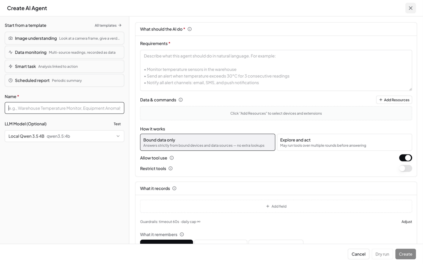 AI Agent editor — left side has basic info and prompt, right side has execution mode and schedule config