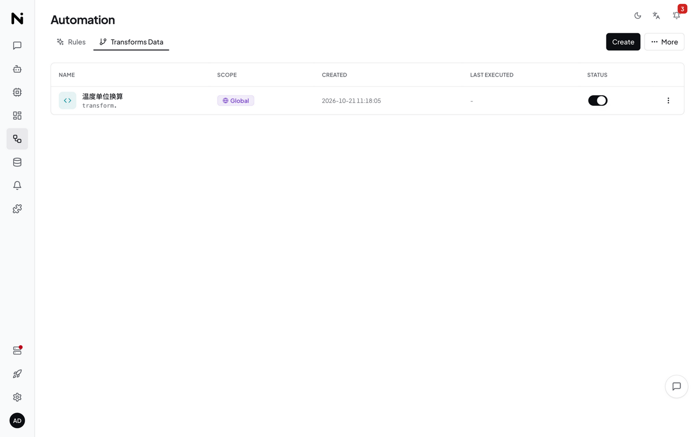 Data transforms page — transform list, scope, code summary, enabled status