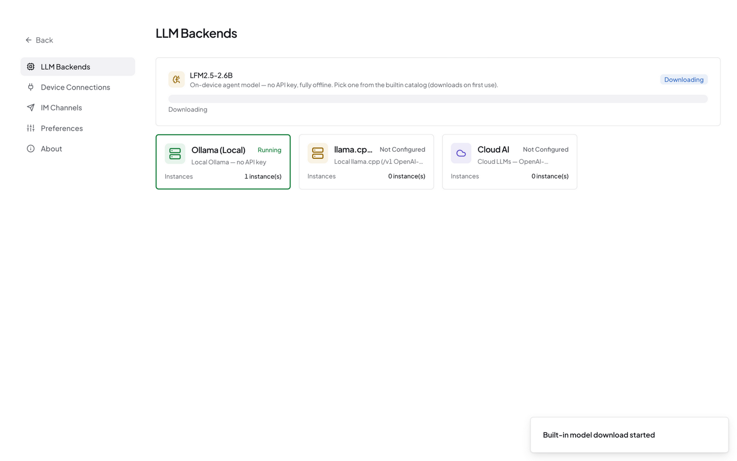 Built-in model card — one-click download of the recommended model with live progress