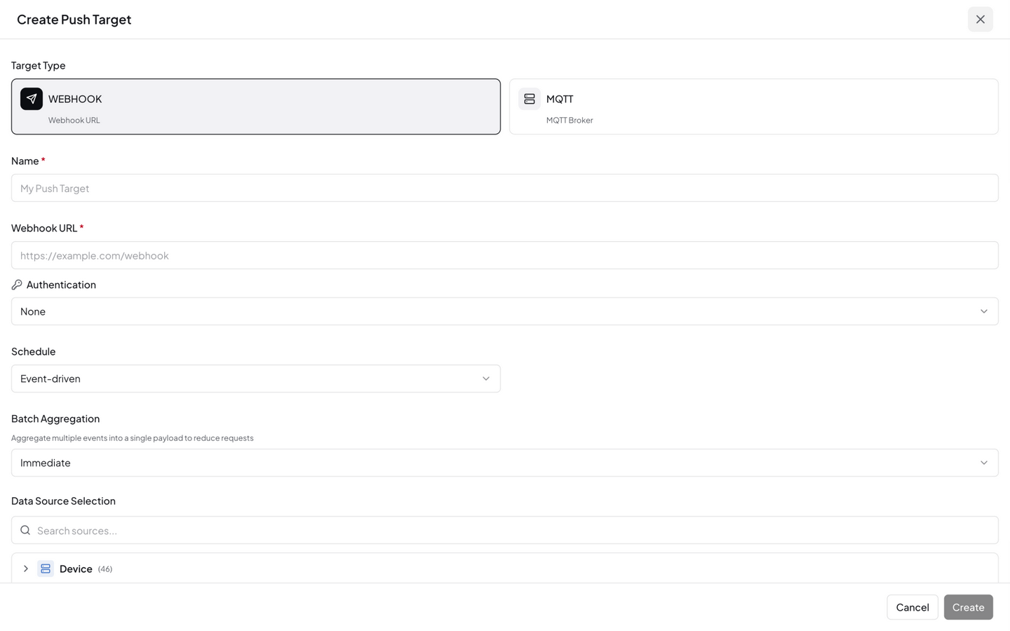 Push target create dialog — name, type, target URL, schedule