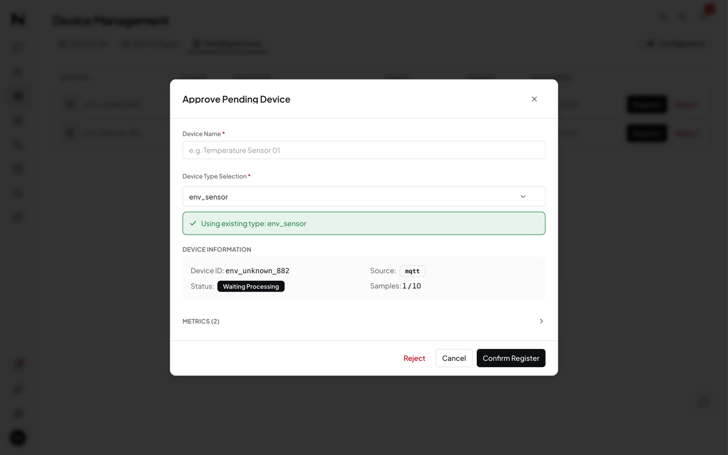 Approval dialog — device info, detected metrics, original data, registration form
