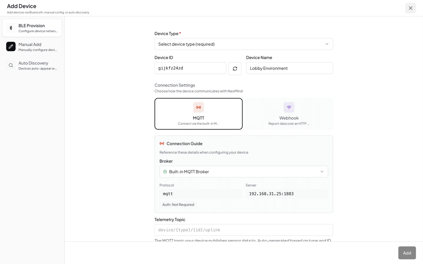 Manual Add dialog — MQTT mode: device type, ID, name, connection settings