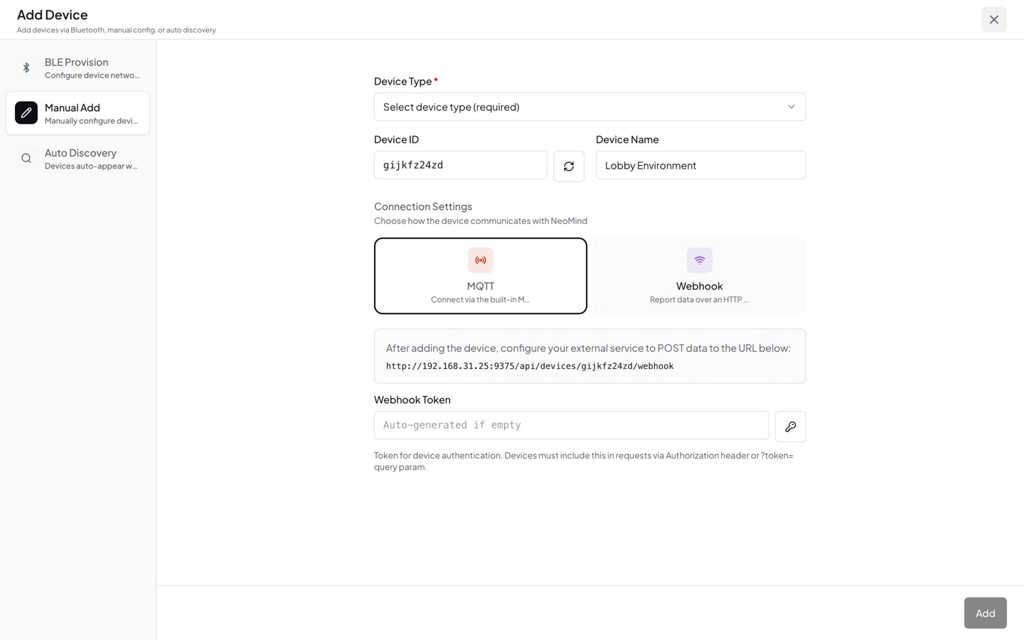Manual Add dialog — Webhook mode: Webhook URL and Token